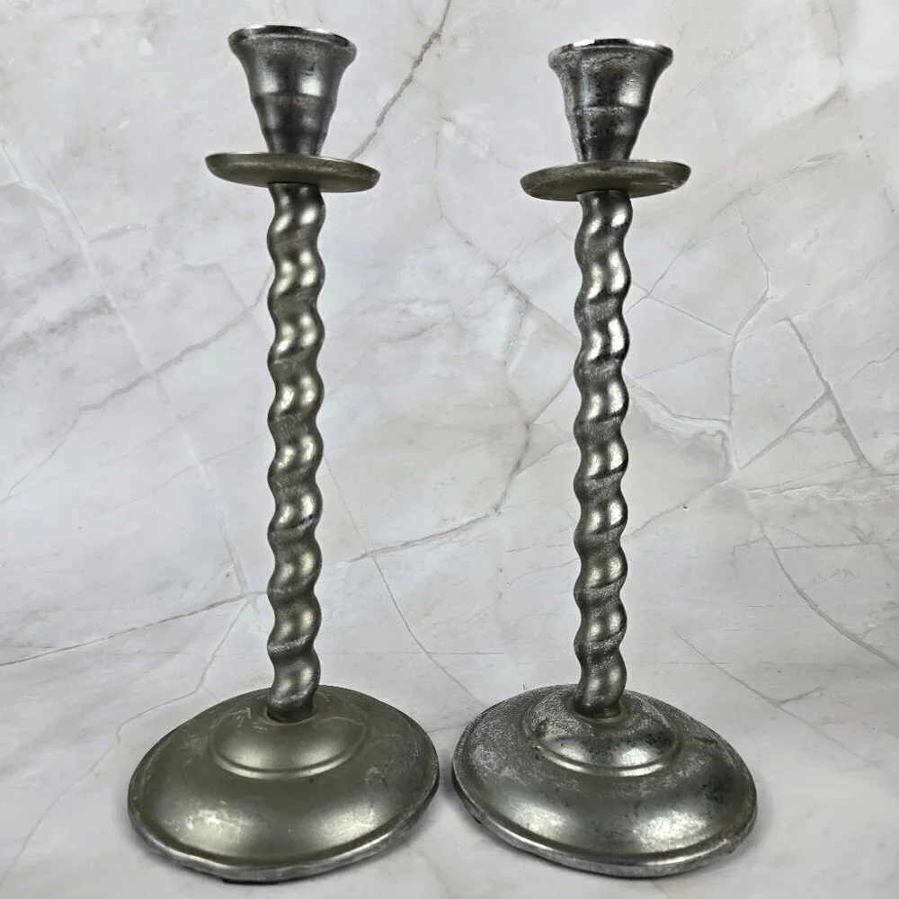 Pair of Vintage Aluminum Taper Candlestick Holders Twisted Body Style